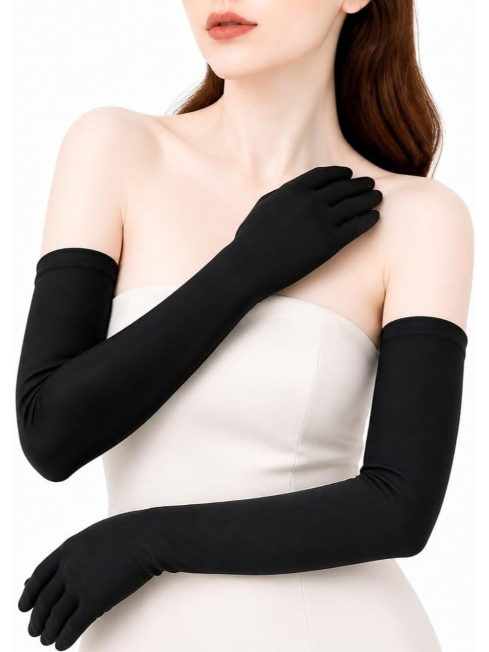 Women's Black Elastic Sun Protection Elbow Length Matte Long Opera Party Gloves
